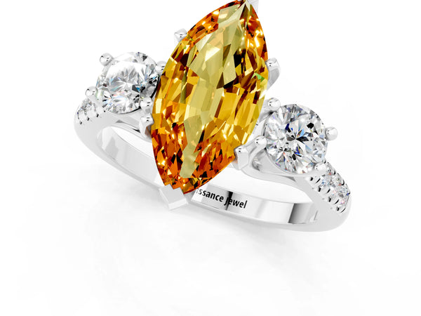 Platinum Three-Stone Marquise Cut Citrine Pavé Band with Four-Prong Setting