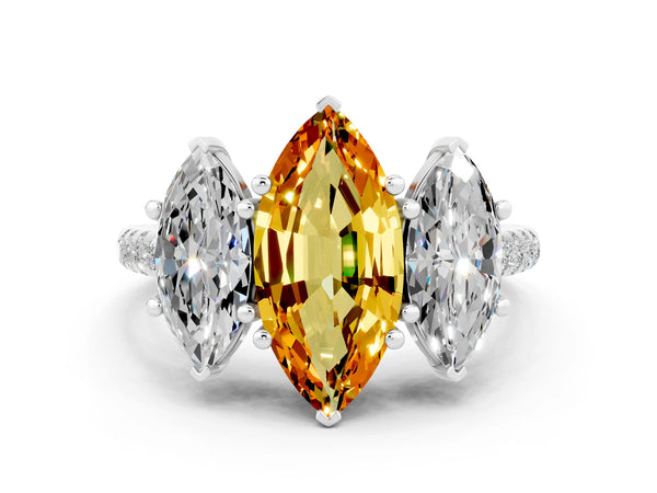 Silver Three-Stone Marquise Cut Citrine Ring with Round  Pavé Band and Prong Setting