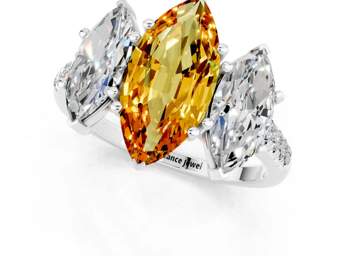 White gold Three-Stone Marquise Cut Citrine Ring with Pavé Band and Prong Setting_13