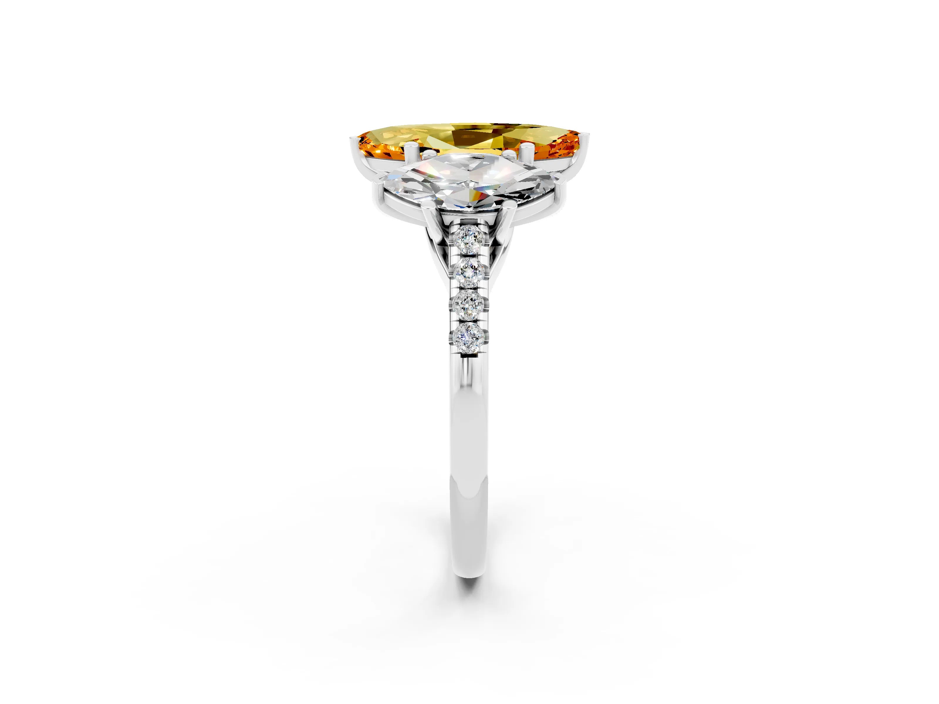 White gold Three-Stone Marquise Cut Citrine Ring with Pavé Band and Prong Setting_14