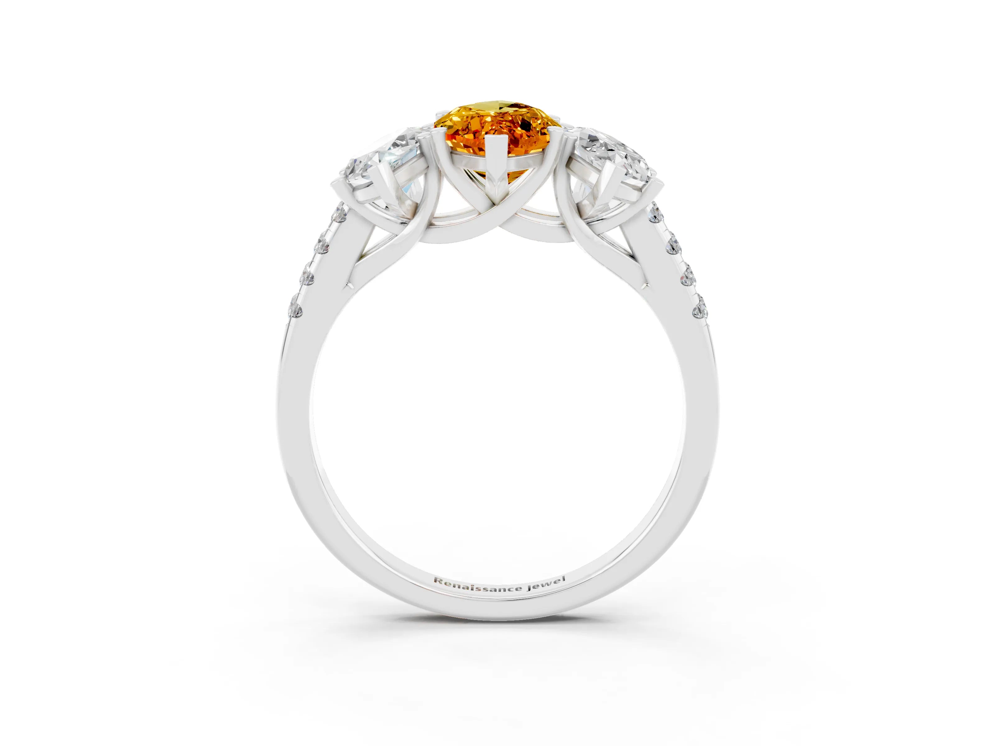 White gold Three-Stone Marquise Cut Citrine Ring with Pavé Band and Prong Setting_15