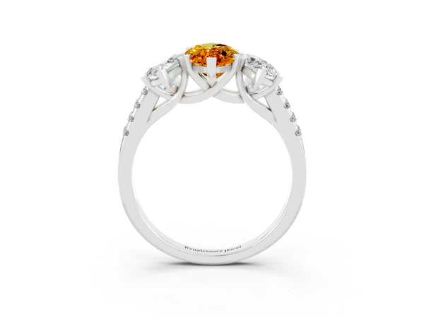 Silver Three-Stone Marquise Cut Citrine Ring with Round  Pavé Band and Prong Setting