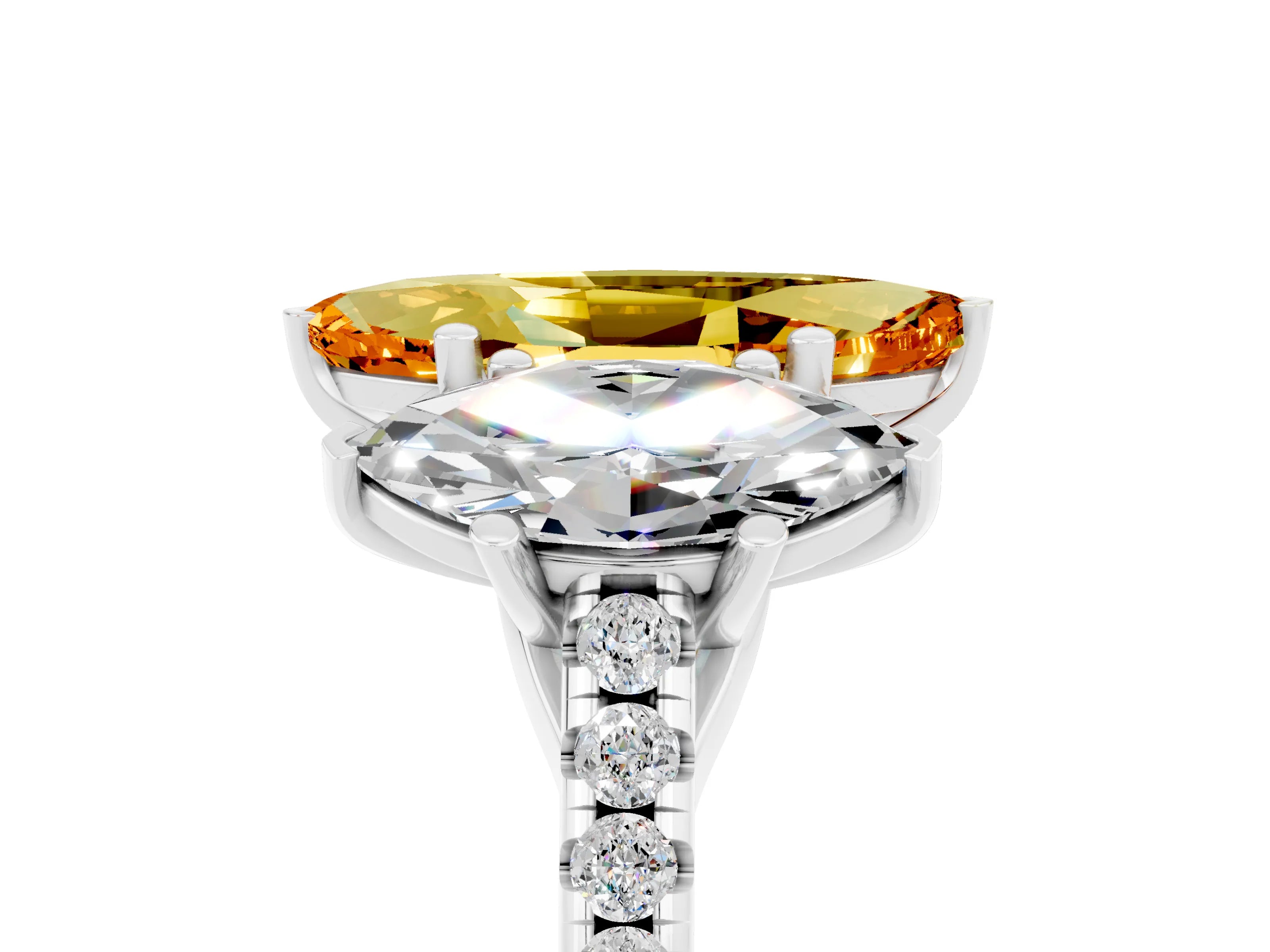 White gold Three-Stone Marquise Cut Citrine Ring with Pavé Band and Prong Setting_17