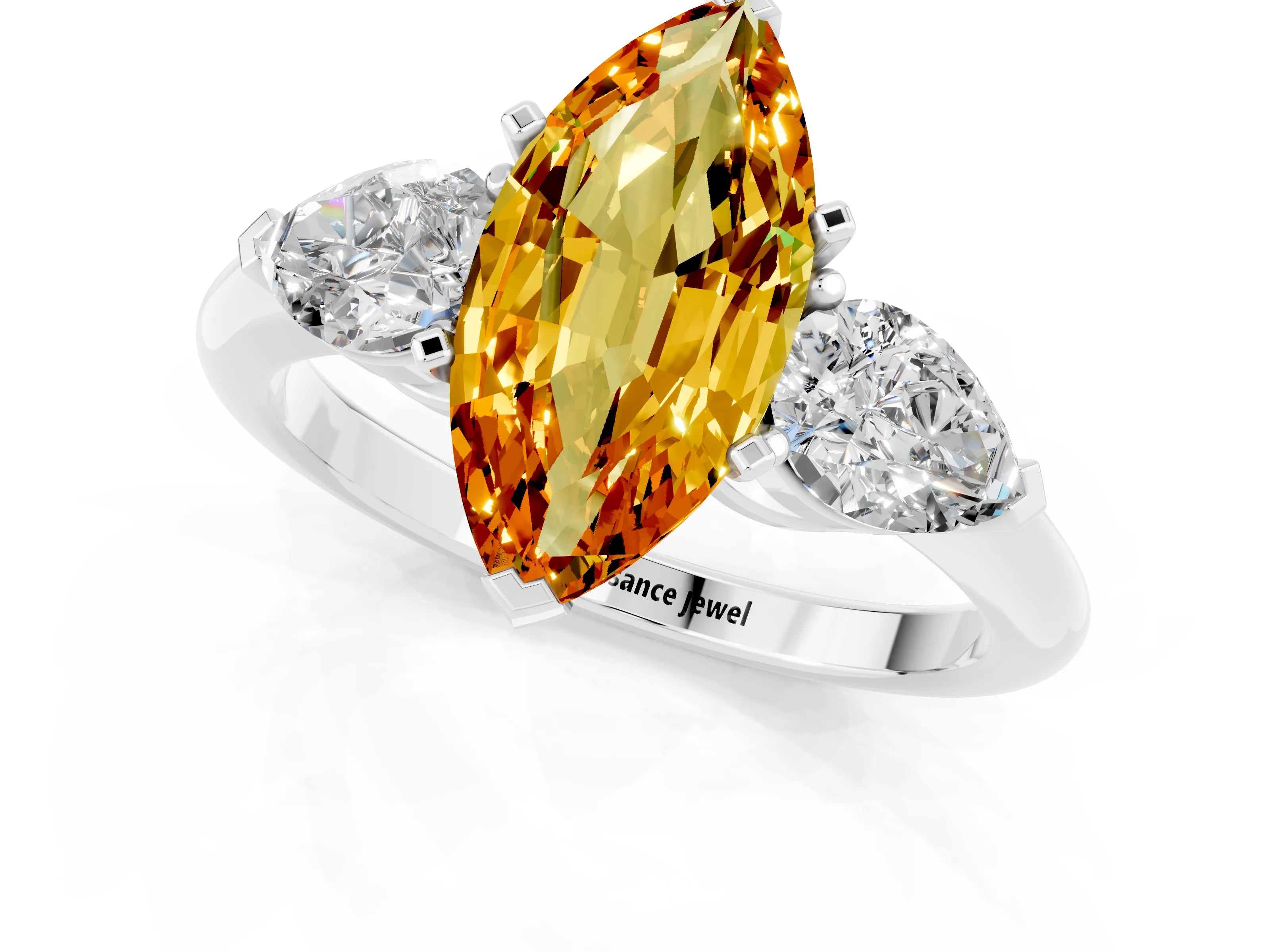 White gold Three-Stone Marquise Cut Citrine Ring with Pear Side Stones and Four-Prong Setting_1