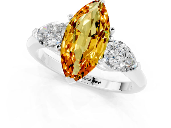 Platinum Three-Stone Marquise Cut Citrine Ring with Pear Side Stones and Four-Prong Setting
