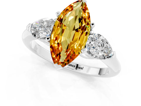 White gold Three-Stone Marquise Cut Citrine Ring with Pear Side Stones and Four-Prong Setting_1