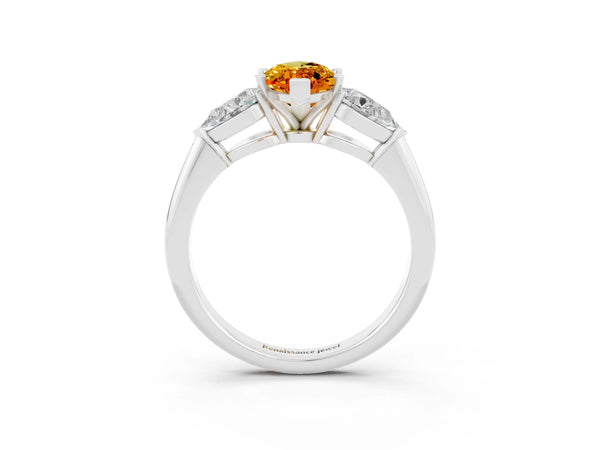White gold Three-Stone Marquise Cut Citrine Ring with Pear Side Stones and Four-Prong Setting