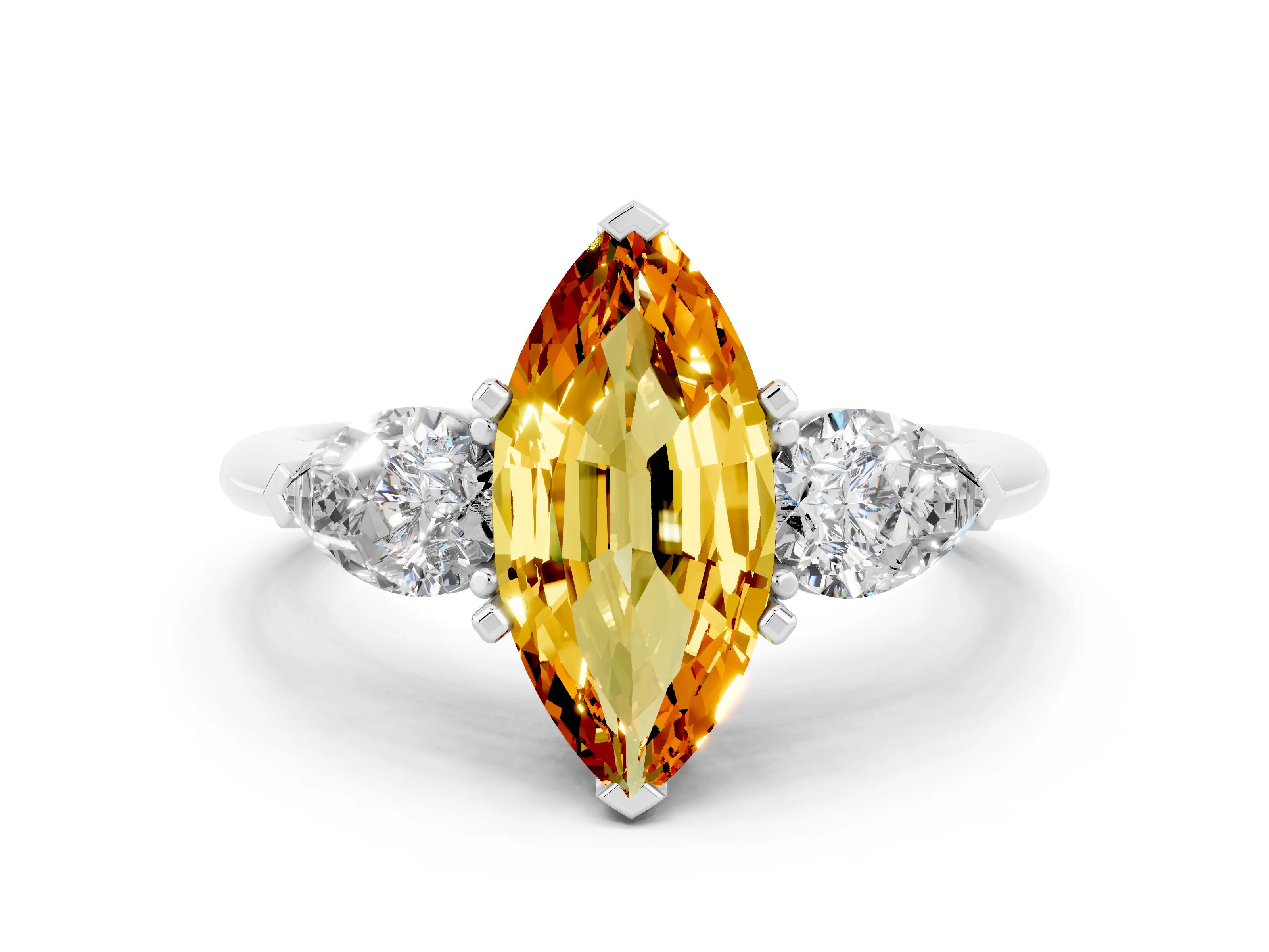 White gold Three-Stone Marquise Cut Citrine Ring with Pear Side Stones and Four-Prong Setting