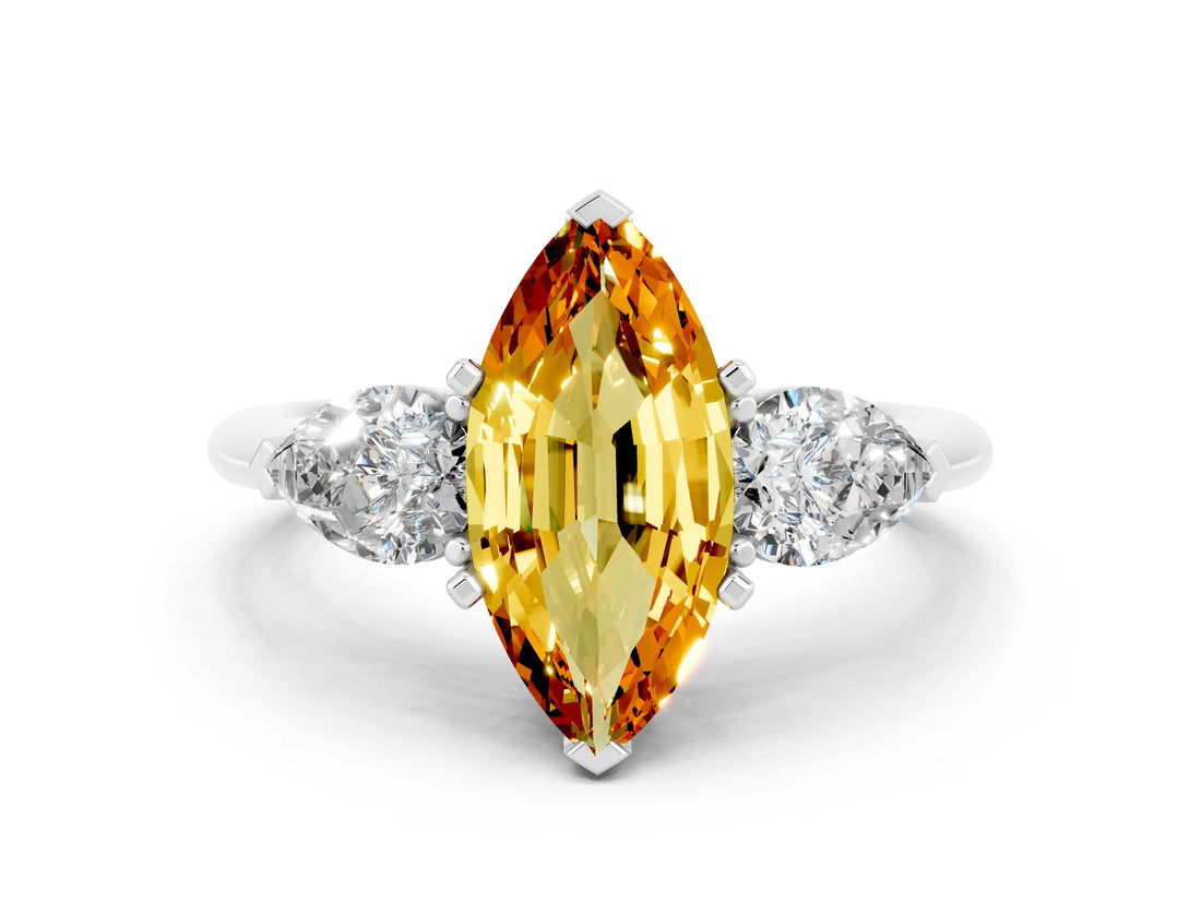 White gold Three-Stone Marquise Cut Citrine Ring with Pear Side Stones and Four-Prong Setting