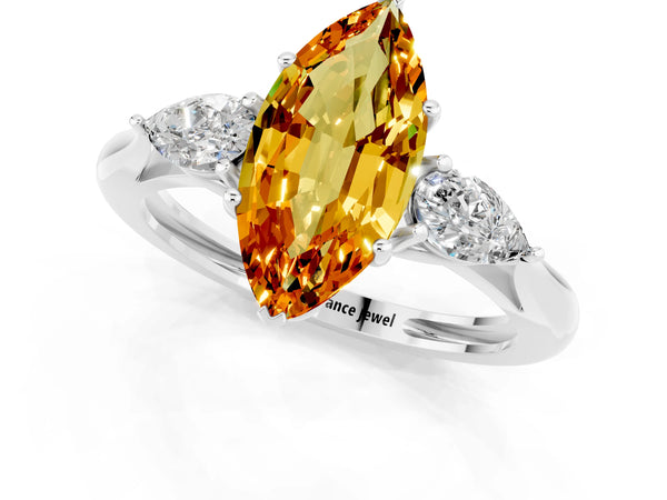 White gold Three-Stone Marquise Cut Citrine Ring with Pear  Side Stones in Four-Prong Setting