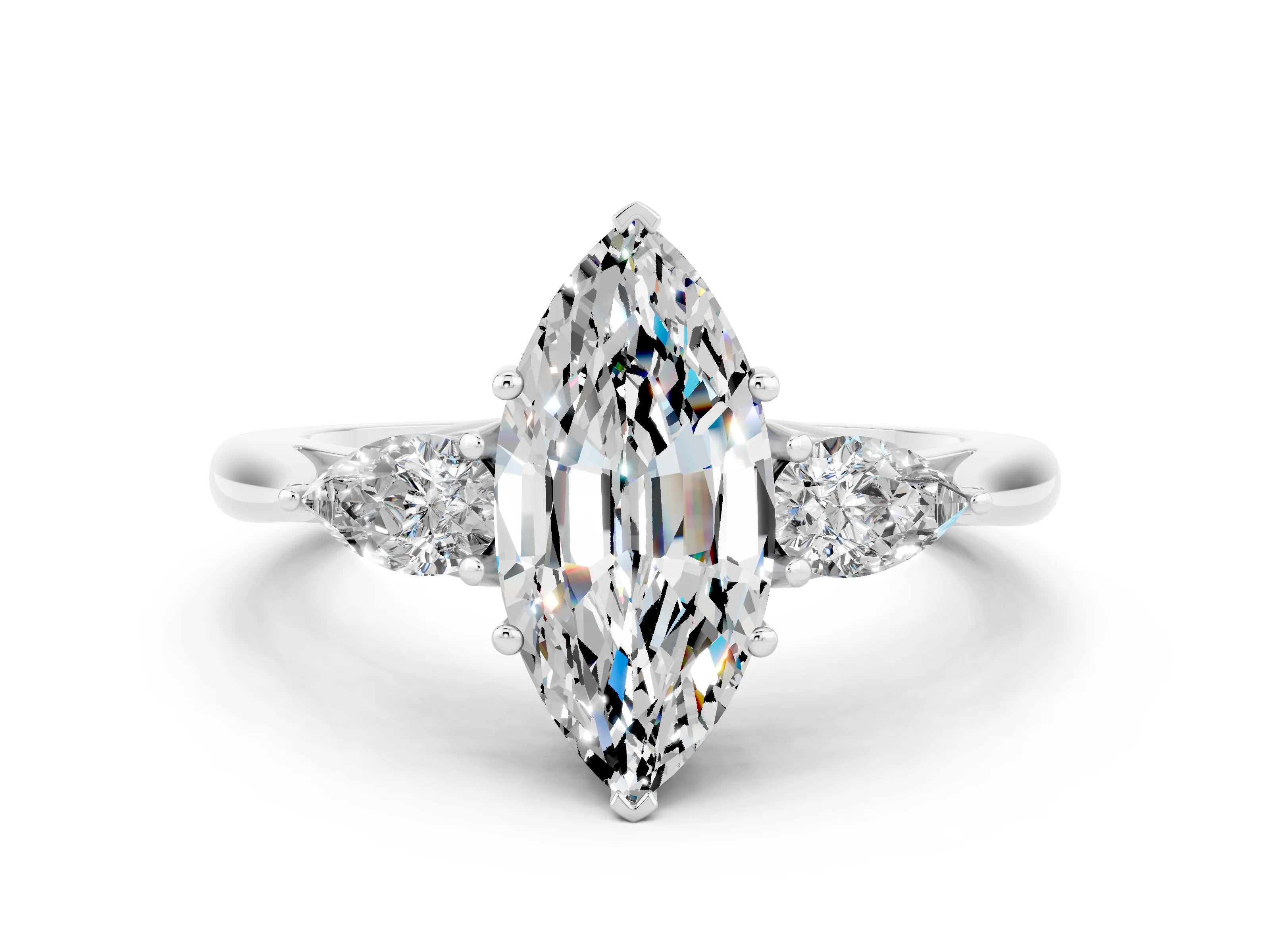White gold Three-Stone Marquise Cut Cut Diamond Ring with Pear Side Stones in Four-Prong Setting