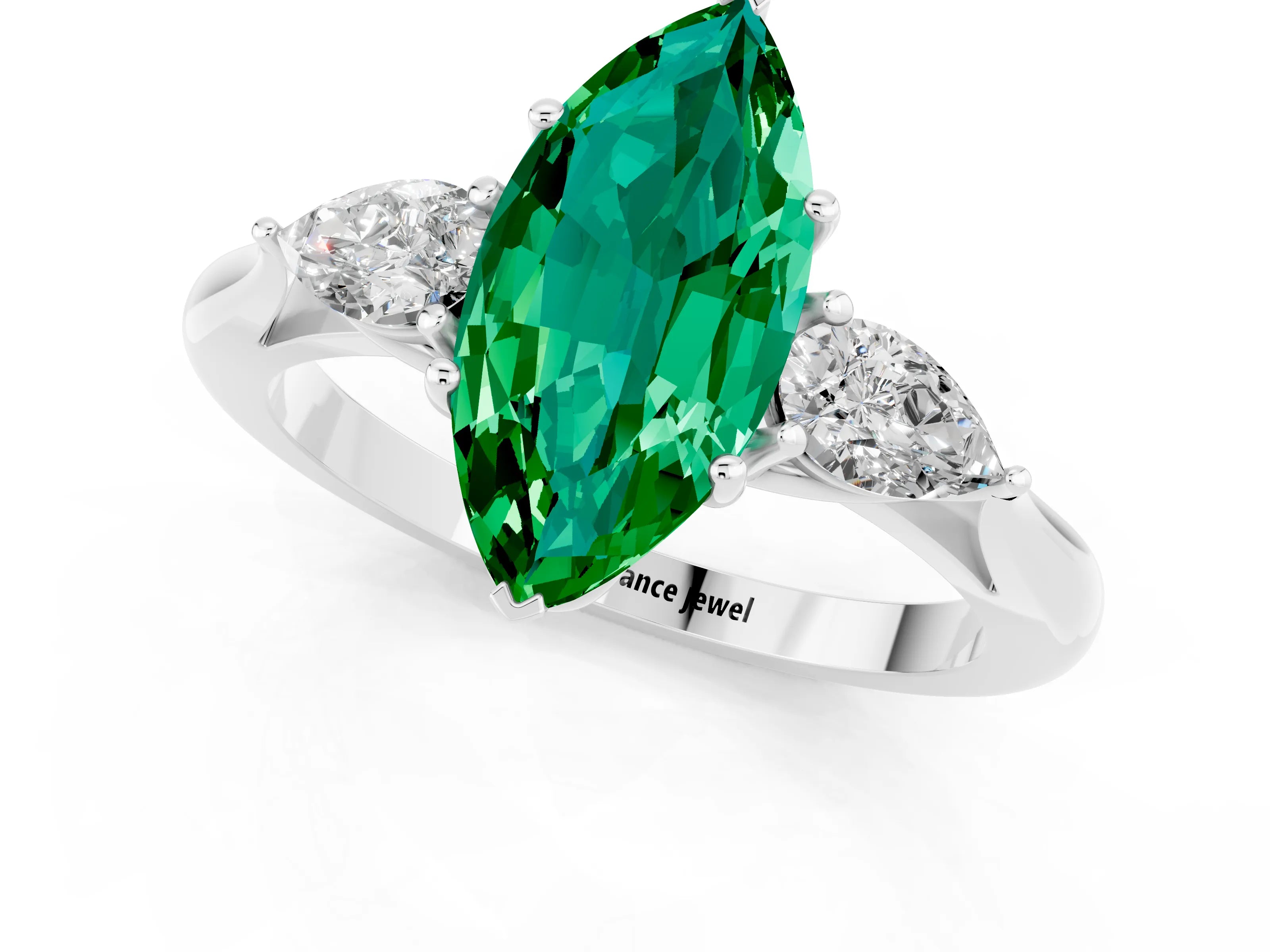 White gold Three-Stone Marquise Cut Cut Diamond Ring with Pear Side Stones in Four-Prong Setting_1