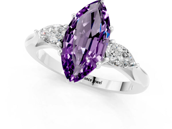 Silver Three-Stone Marquise Cut Amethyst Ring with Pear  Side Stones in Four-Prong Setting