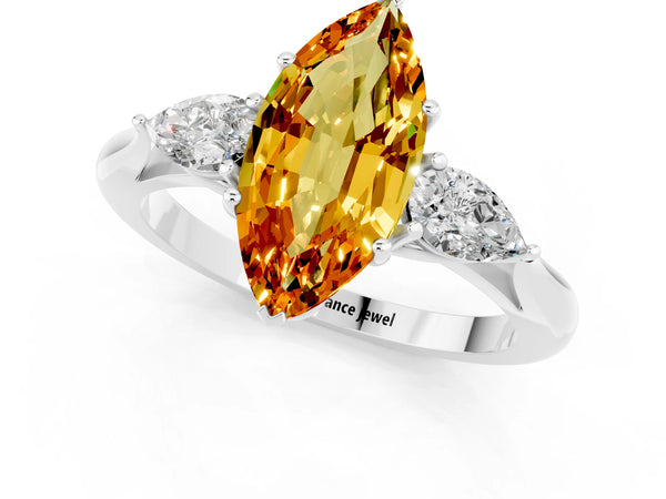 Silver Three-Stone Marquise Cut Citrine Ring with Pear  Side Stones in Four-Prong Setting