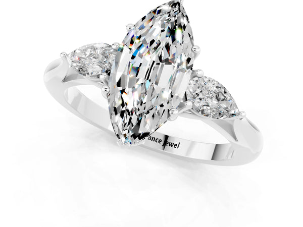 Silver Three-Stone Marquise Cut Moissanite Ring with Pear  Side Stones in Four-Prong Setting