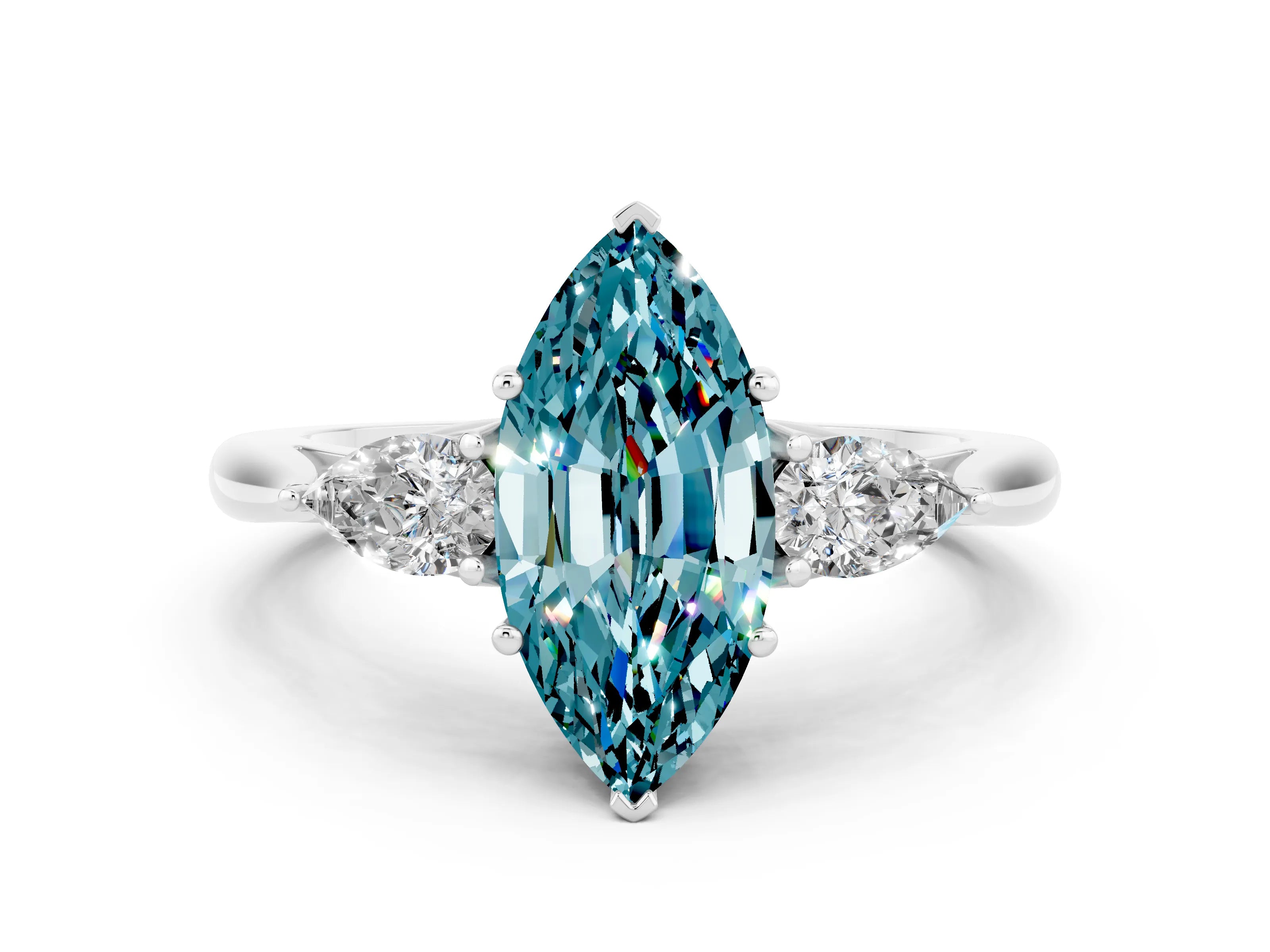 White gold Three-Stone Marquise Cut Cut Diamond Ring with Pear Side Stones in Four-Prong Setting