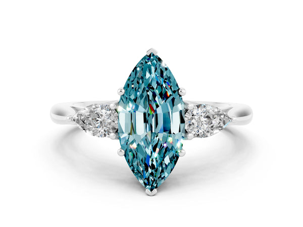 Platinum Three-Stone Marquise Cut Cut Diamond Ring with Pear Side Stones in Four-Prong Setting