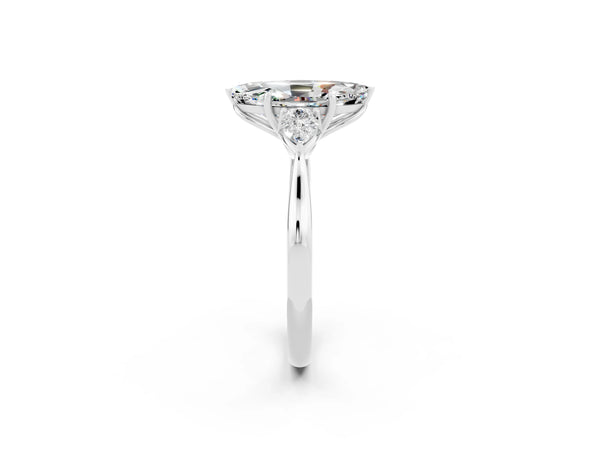 Silver Three-Stone Marquise Cut Moissanite Ring with Pear  Side Stones in Four-Prong Setting