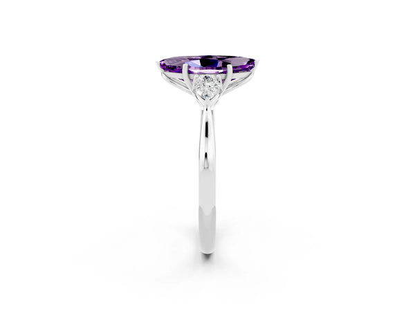 Platinum Three-Stone Marquise Cut Amethyst Ring with Pear  Side Stones in Four-Prong Setting