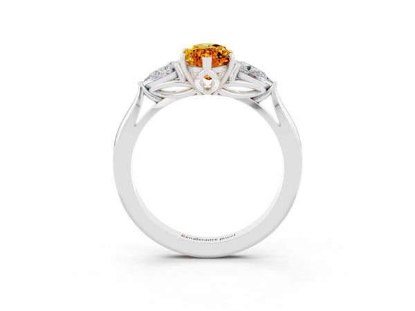 Platinum Three-Stone Marquise Cut Citrine Ring with Pear  Side Stones in Four-Prong Setting