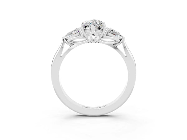 Silver Three-Stone Marquise Cut Moissanite Ring with Pear  Side Stones in Four-Prong Setting
