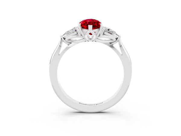 Silver Three-Stone Marquise Cut Cut Diamond Ring with Pear Side Stones in Four-Prong Setting