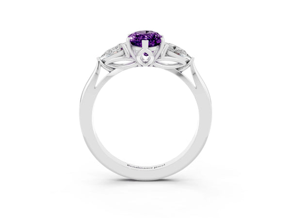 Platinum Three-Stone Marquise Cut Amethyst Ring with Pear  Side Stones in Four-Prong Setting