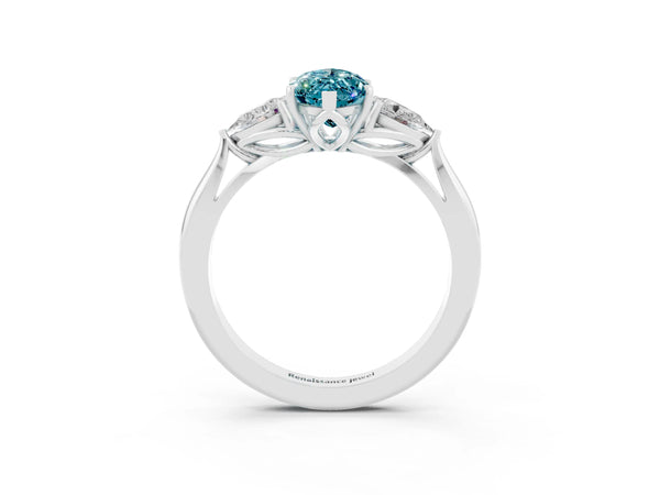 White gold Three-Stone Marquise Cut Cut Diamond Ring with Pear Side Stones in Four-Prong Setting