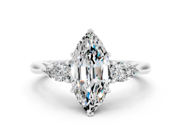 Silver Three-Stone Marquise Cut Moissanite Ring with Pear  Side Stones in Four-Prong Setting