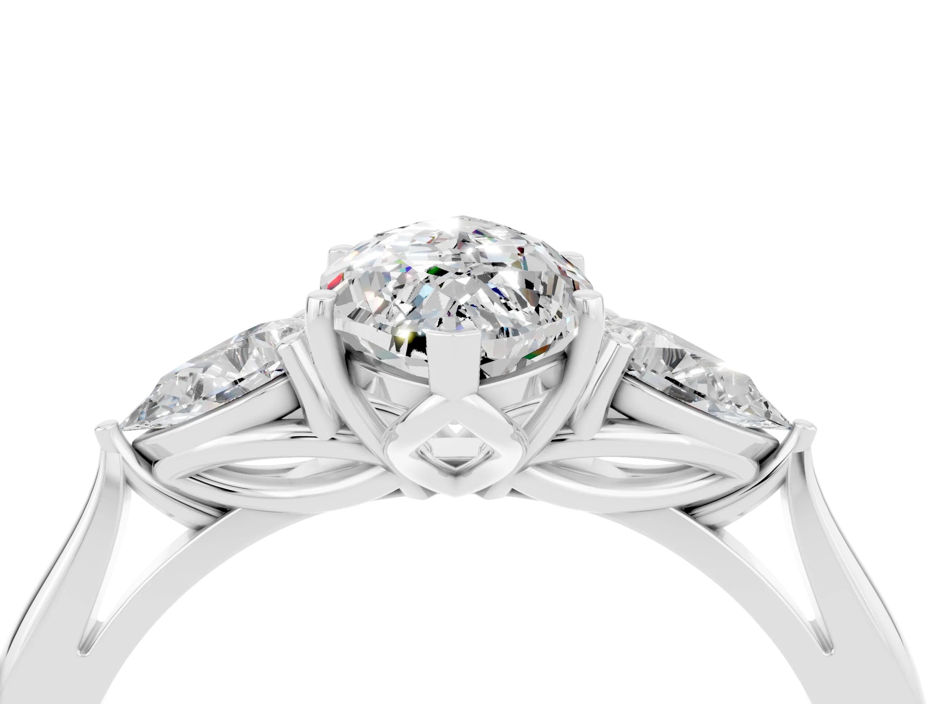 White gold Three-Stone Marquise Cut Cut Diamond Ring with Pear Side Stones in Four-Prong Setting_4