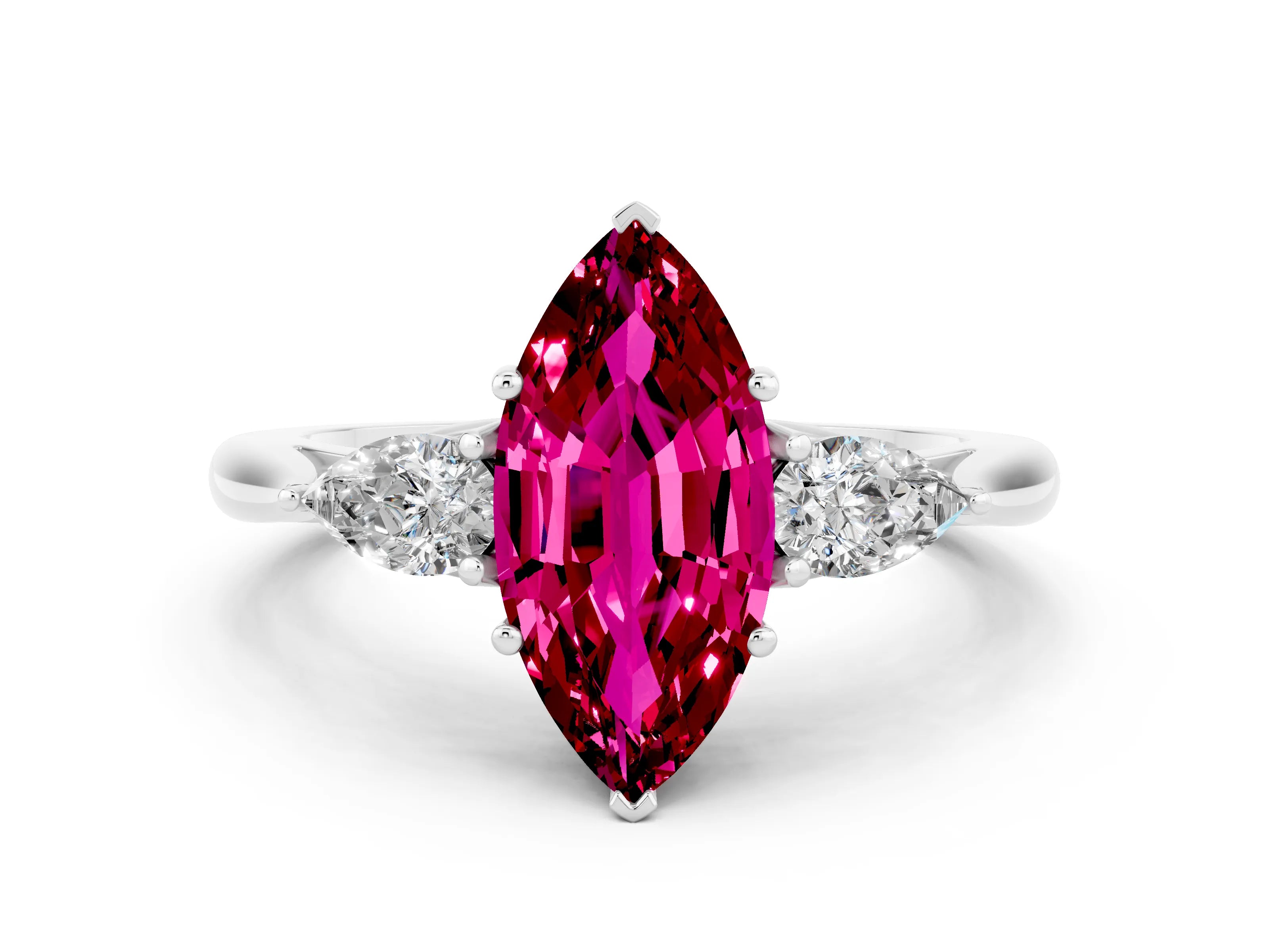 White gold Three-Stone Marquise Cut Cut Diamond Ring with Pear Side Stones in Four-Prong Setting