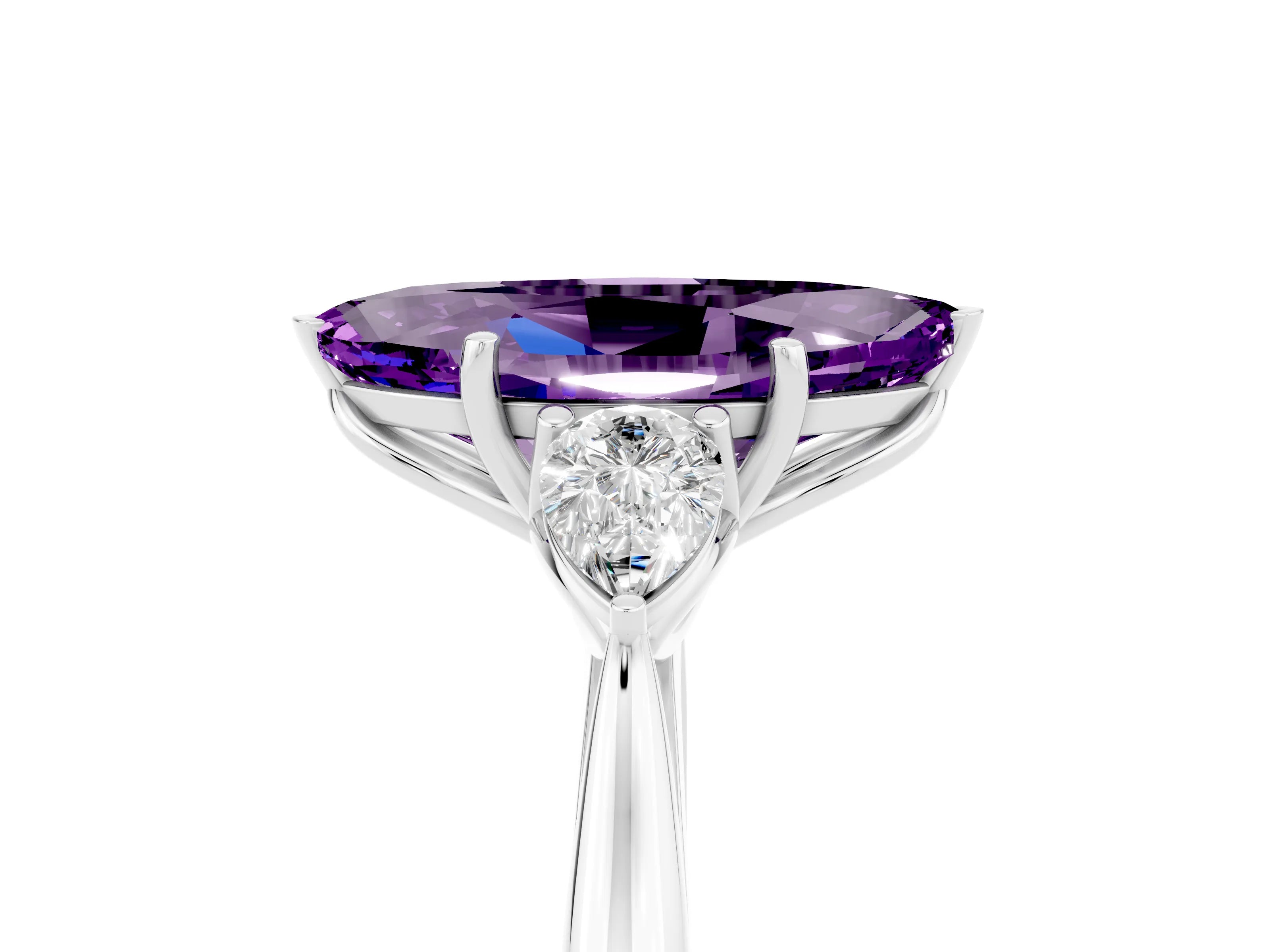 White gold Three-Stone Marquise Cut Cut Diamond Ring with Pear Side Stones in Four-Prong Setting_5