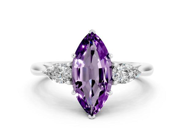 Platinum Three-Stone Marquise Cut Amethyst Ring with Pear  Side Stones in Four-Prong Setting