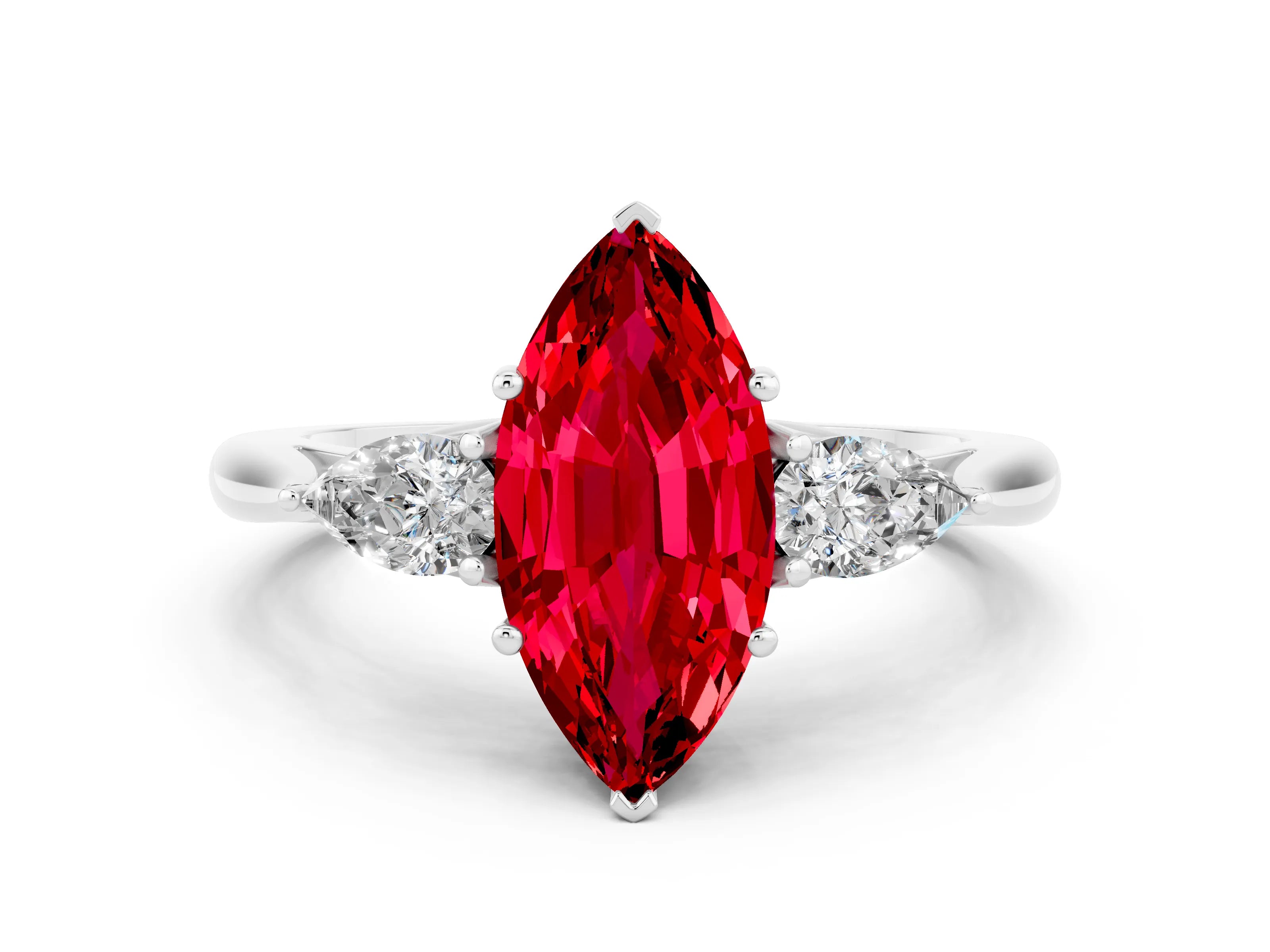White gold Three-Stone Marquise Cut Cut Diamond Ring with Pear Side Stones in Four-Prong Setting
