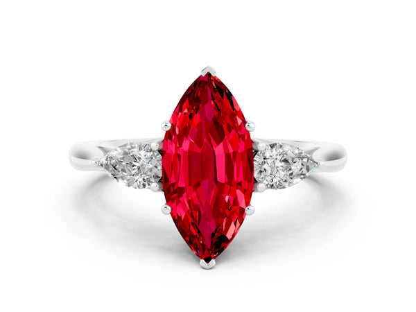 Silver Three-Stone Marquise Cut Cut Diamond Ring with Pear Side Stones in Four-Prong Setting