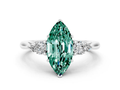 White gold Three-Stone Marquise Cut Cut Diamond Ring with Pear Side Stones in Four-Prong Setting