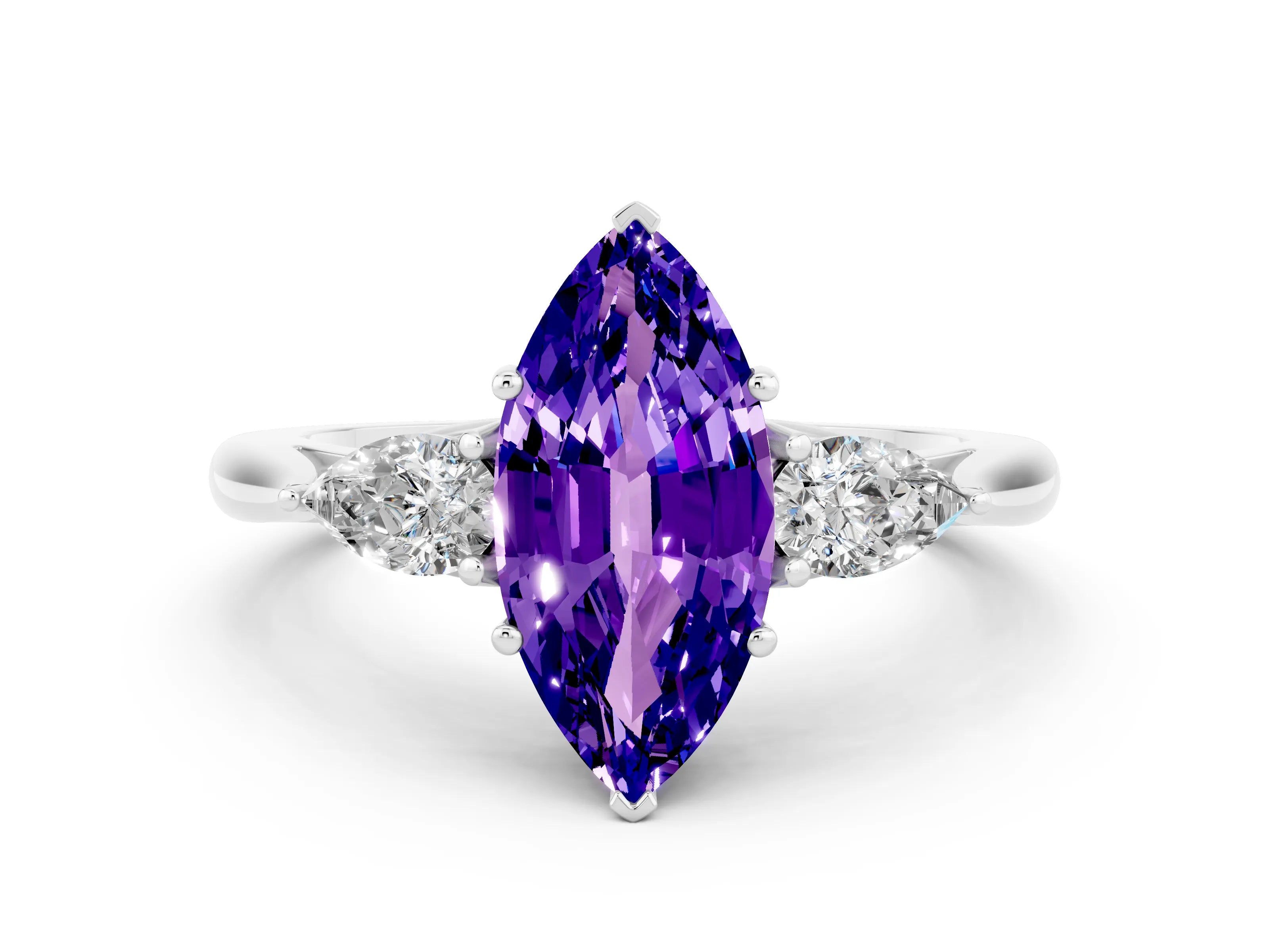 White gold Three-Stone Marquise Cut Cut Diamond Ring with Pear Side Stones in Four-Prong Setting