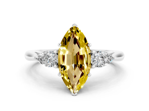 Platinum Three-Stone Marquise Cut Yellow Sapphire Ring with Pear  Side Stones in Four-Prong Setting