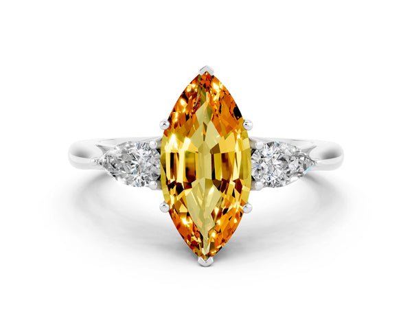 White gold Three-Stone Marquise Cut Citrine Ring with Pear  Side Stones in Four-Prong Setting