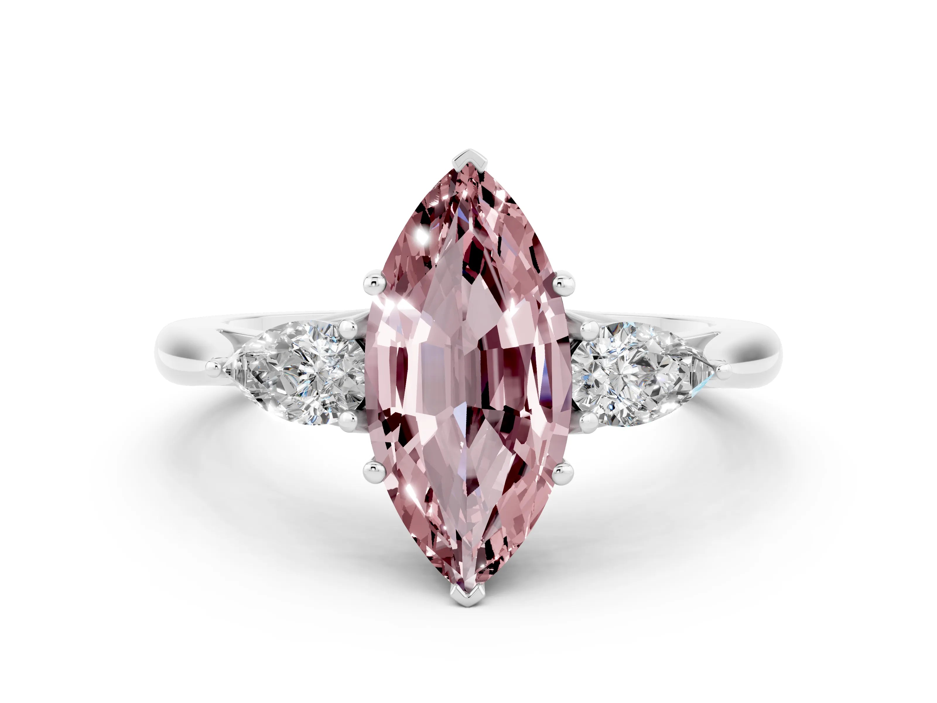White gold Three-Stone Marquise Cut Cut Diamond Ring with Pear Side Stones in Four-Prong Setting