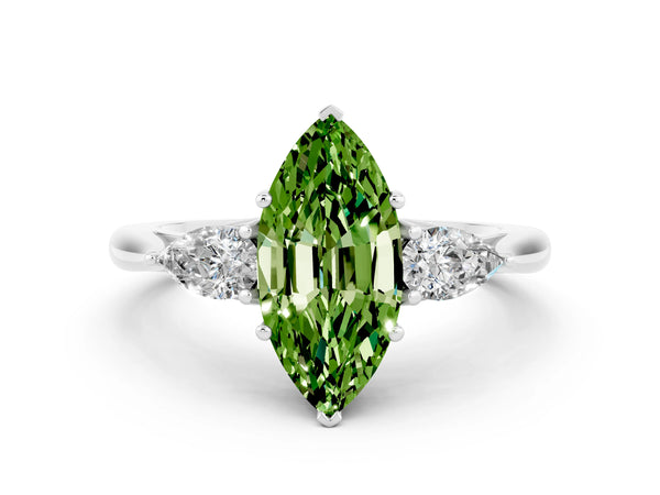 White gold Three-Stone Marquise Cut Cut Diamond Ring with Pear Side Stones in Four-Prong Setting