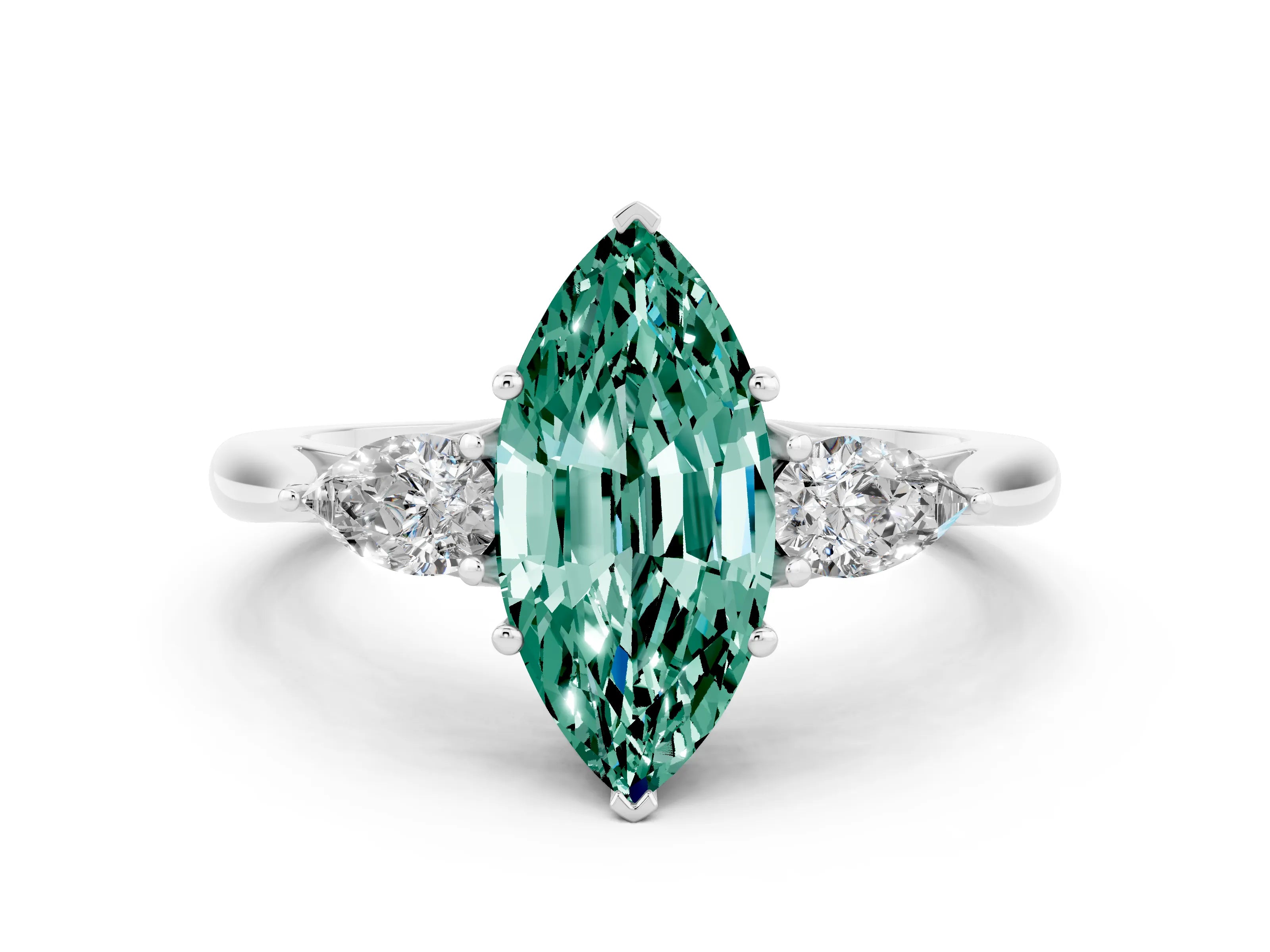 White gold Three-Stone Marquise Cut Cut Diamond Ring with Pear Side Stones in Four-Prong Setting