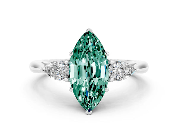 Platinum Three-Stone Marquise Cut Green Sapphire Ring with Pear  Side Stones in Four-Prong Setting