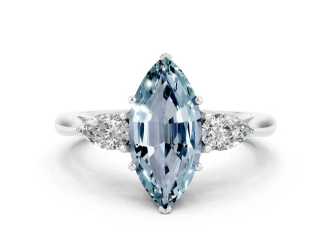 White gold Three-Stone Marquise Cut Cut Diamond Ring with Pear Side Stones in Four-Prong Setting