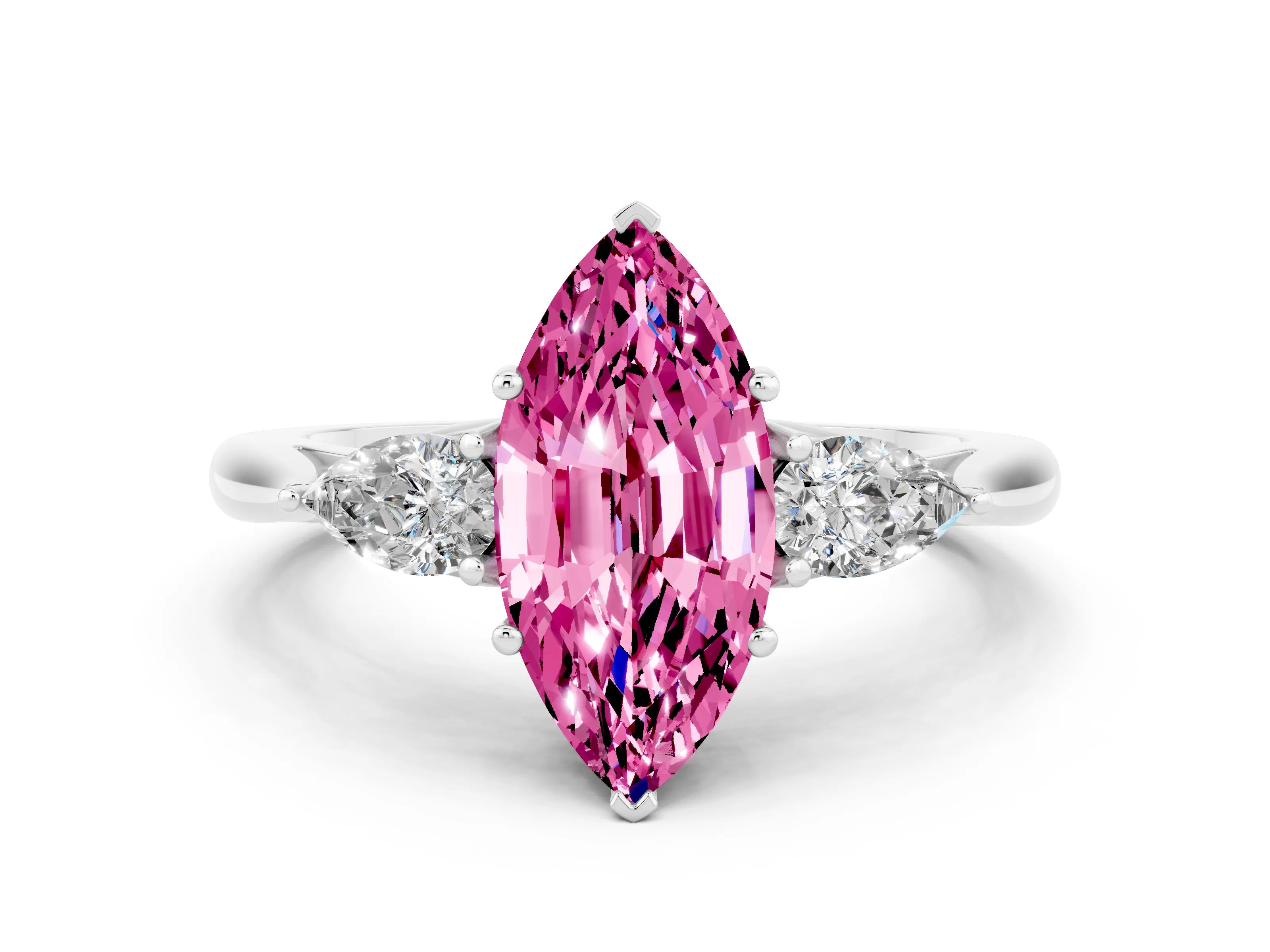 White gold Three-Stone Marquise Cut Cut Diamond Ring with Pear Side Stones in Four-Prong Setting