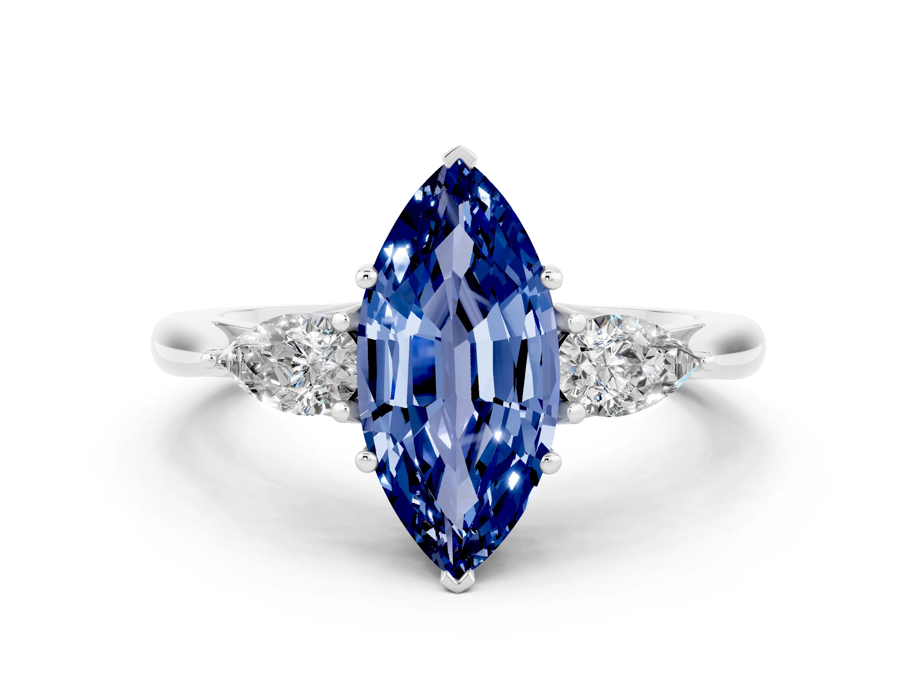 White gold Three-Stone Marquise Cut Cut Diamond Ring with Pear Side Stones in Four-Prong Setting