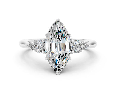 White gold Three-Stone Marquise Cut Cut Diamond Ring with Pear Side Stones in Four-Prong Setting