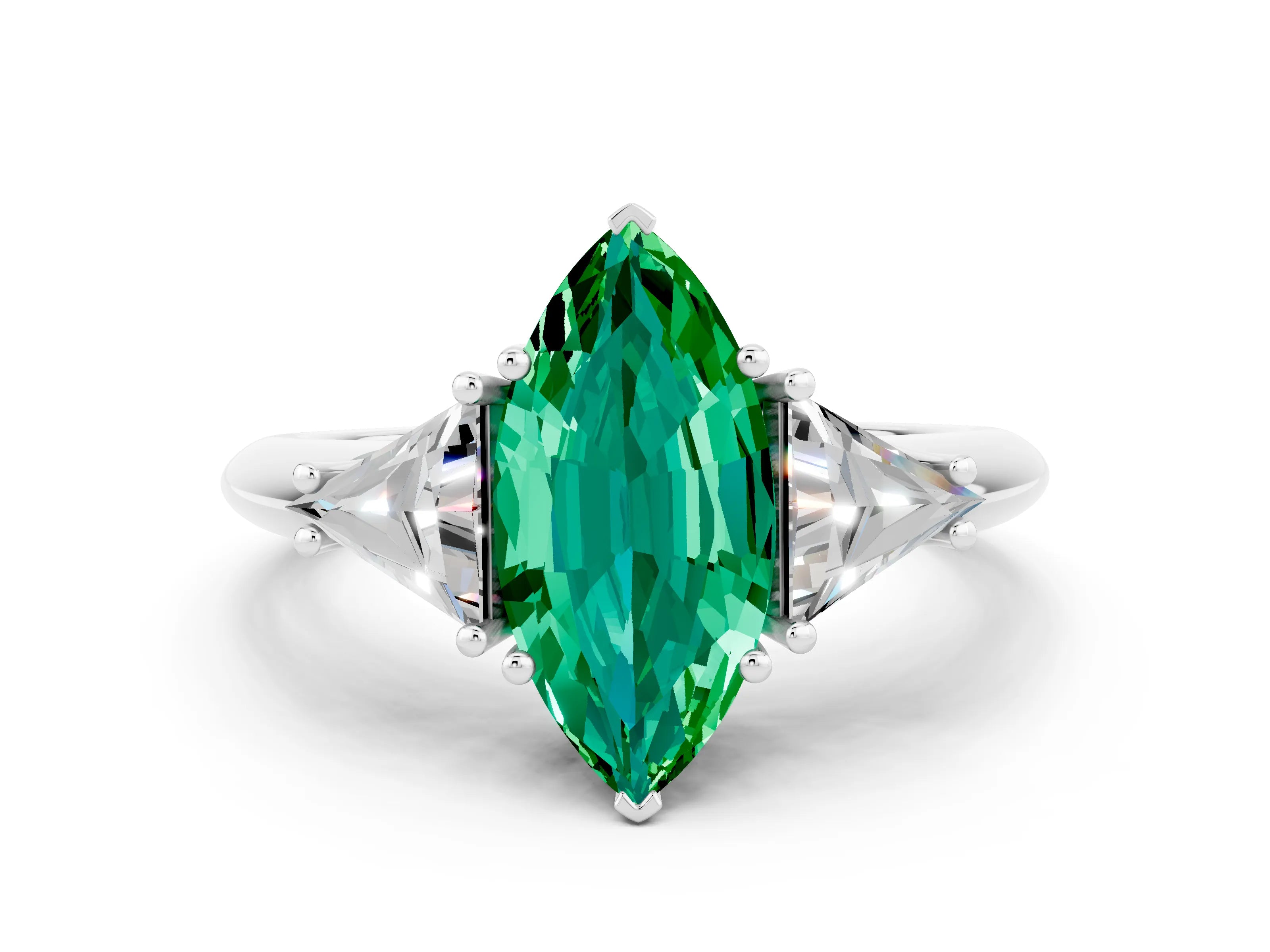 White gold Three-Stone Marquise Cut Cut Diamond Ring with Trillion Side Stones and Four-Prong Setting