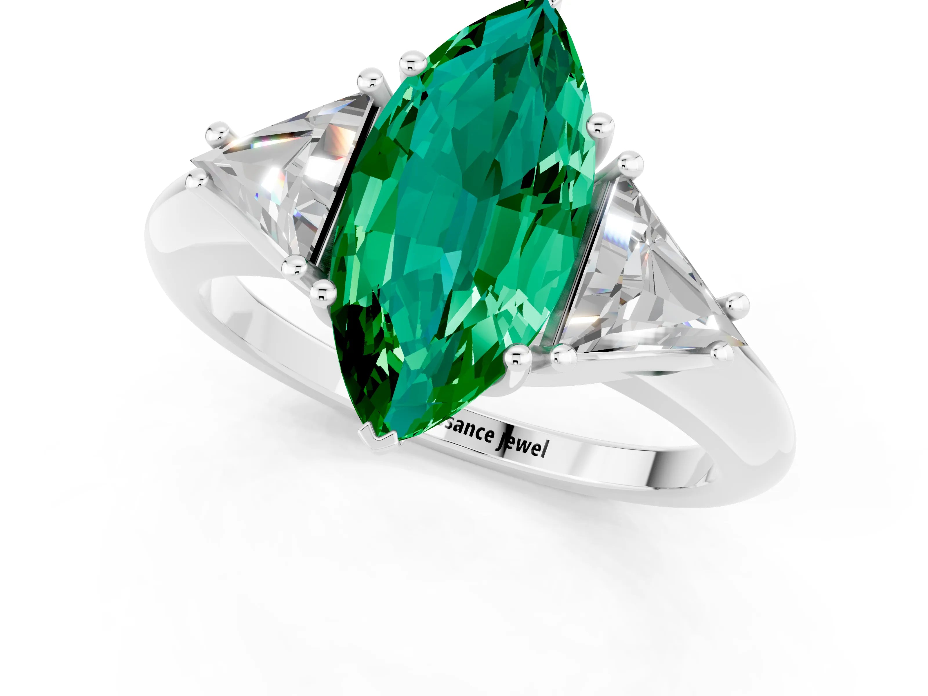 White gold Three-Stone Marquise Cut Cut Diamond Ring with Trillion Side Stones and Four-Prong Setting_1