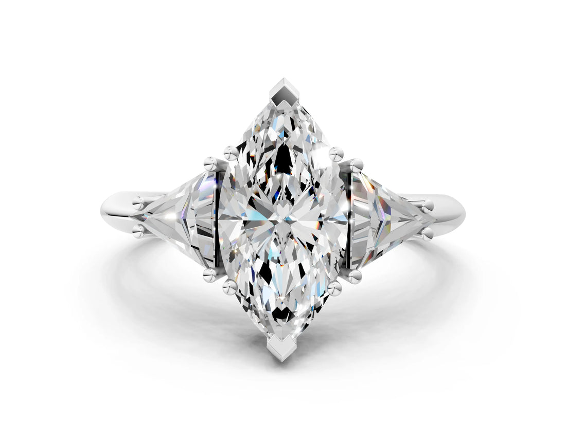 White gold Three-Stone Marquise Cut Cut Diamond Ring with Trillion Side Stones and Four-Prong Setting_15